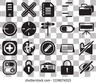 Set Of 20 transparent icons such as Hide, Locked, Id card, Unlocked, Switch, Folder, Muted, Forbidden, Add, Clock, Battery, Server, Television, Notepad, transparency icon pack, pixel perfect