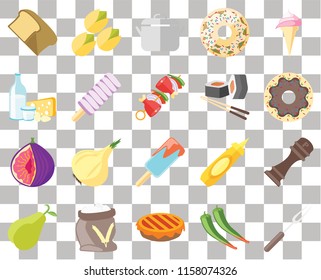 Set Of 20 transparent icons such as Fork, Pepper, Pie, Flour, Pear, Ice cream, Fig, Sushi, Bread, Doughnut, Pot, transparency icon pack, pixel perfect