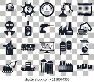 Set Of 20 transparent icons such as Packages, Factory, Silo, Conveyor, Excavator, print, Plan, Stock, Mill, Switch, Digger, Gauge, transparency icon pack, pixel perfect
