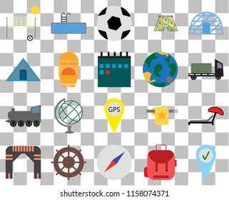 Set Of 20 transparent icons such as Check in, Backpack, Compass, Helm, Arch, Igloo, Sunbed, Gps, Railway, Sun protection, Globe, Beach volleyball, Trailer, Ball, transparency icon pack, pixel perfect