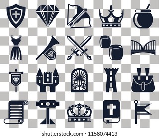 Set Of 20 transparent icons such as Flag, Bridge, Cauldron, Crown, Scroll, Jewelry, Tower, Gown, transparency icon pack, pixel perfect
