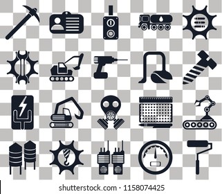 Set Of 20 transparent icons such as Roller, Bolt, Options, Tank truck, Silo, Id card, print, Settings, transparency icon pack, pixel perfect