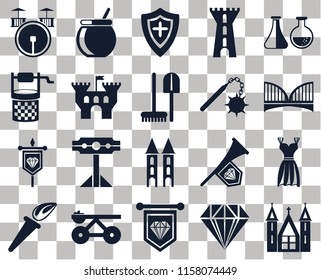Set Of 20 transparent icons such as Church, Jewelry, Standard, Trebuchet, Torch, Alchemy, Gown, Tower, Banner, Castle, Morning star, Drum, Bridge, Shield, transparency icon pack, pixel perfect