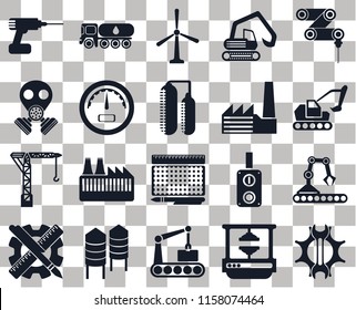 Set Of 20 transparent icons such as Settings, Excavator, Drilling machine, Digger, Planning, Tank truck, Switch, Gas mask, transparency icon pack, pixel perfect