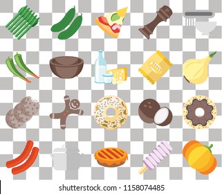 Set Of 20 transparent icons such as Pumpkin, Ice cream, Pie, Pot, Sausage, Mixer, Doughnut, Cookies, Bowl, Chips, Asparagus, Onion, Pizza, transparency icon pack, pixel perfect