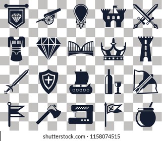 Set Of 20 transparent icons such as Cauldron, Flag, Sewing machine, Axe, Swords, Crossbow, Viking ship, Sword, Jewelry, Crown, Standard, Tower, Necklace, transparency icon pack, pixel perfect