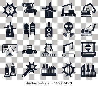 Set Of 20 transparent icons such as Factory, Excavator, Digger, Conveyor, Nuclear plant, Robot arm, Robotic Mill, transparency icon pack, pixel perfect