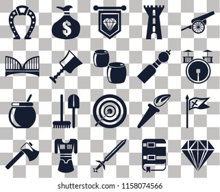 Set Of 20 transparent icons such as Jewelry, Book, Sword, Tunic, Axe, Cannon, Flag, Archery, Cauldron, Cup, Bladder pipe, Horseshoe, Drum, Standard, transparency icon pack, pixel perfect