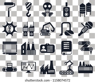 Set Of 20 transparent icons such as Factory, Sanding machine, Silo, Switch, Conveyor, Crane, Book, Machinery, transparency icon pack, pixel perfect