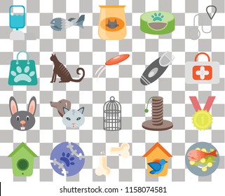 Set Of 20 transparent icons such as Fish food, Bird house, Bone, Tennis, Birdhouse, Leash, Winner, Cage, Rabbit, Cat, Razor, Water tank, First aid, Cat transparency icon pack, pixel perfect