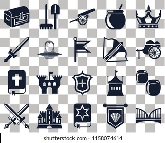 Set Of 20 transparent icons such as Bridge, Standard, Spellbook, Castle, Swords, Crown, Beer, Shield, Bible, Coif, Crossbow, Chest, Wheelbarrow, Cannon, transparency icon pack, pixel perfect