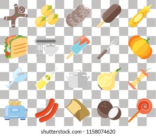 Set Of 20 transparent icons such as Jawbreaker, Coconut, Bread, Sausage, Toaster, Mustard, Apple, Pot, Glass, Mixer, Fork, Gingerbread, Pumpkin, Cookies, transparency icon pack, pixel perfect
