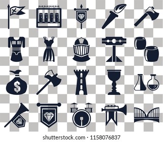Set Of 20 transparent icons such as Bridge, Fanfare, Drum, Standard, Axe, Alchemy, Tower, Money bag, Gown, Pillory, Flag, Beer, Banner, transparency icon pack, pixel perfect