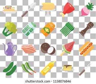Set Of 20 transparent icons such as Fork, Pancakes, Mustard, Pepper, Cucumber, Radish, Hot dog, Coconut, Teapot, Pickles, Asparagus, Risotto, transparency icon pack, pixel perfect