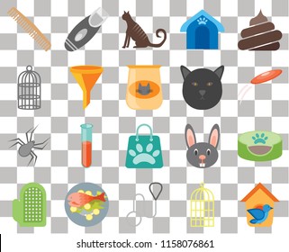 Set Of 20 transparent icons such as Bird house, cage, Leash, Fish food, Glove, Poop, Pet bed, Shopping bag, Spider, Filter, Cat, Comb, Frisbee, transparency icon pack, pixel perfect