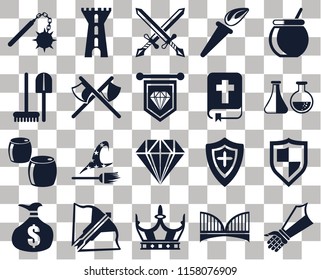 Set Of 20 transparent icons such as Gauntlet, Bridge, Crown, Crossbow, Money bag, Cauldron, Shield, Jewelry, Beer, Axes, Bible, Morning star, Alchemy, Swords, transparency icon pack, pixel perfect