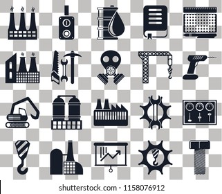 Set Of 20 transparent icons such as Bolt, Machinery, Planning, Factory, Crane, print, Control panel, Digger, Tools, Drill, Oil, transparency icon pack, pixel perfect
