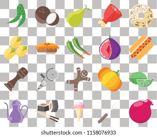 Set Of 20 transparent icons such as Pomegranate, Fork, Ice cream, Sushi, Teapot, Doughnut, Lime, Gingerbread, Pepper, Pie, Fig, Peas, Hot dog, Pear, transparency icon pack, pixel perfect