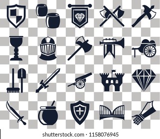 Set Of 20 transparent icons such as Gauntlet, Bridge, Shield, Cauldron, Sword, Axe, Jewelry, Cannon, Tools, Helmet, Fanfare, Wheelbarrow, Standard, transparency icon pack, pixel perfect