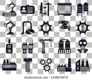 Set Of 20 transparent icons such as Factory, Machinery, Silo, print, Id card, Refinery, Robot arm, transparency icon pack, pixel perfect