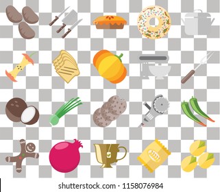 Set Of 20 transparent icons such as Pistachio, Chips, Tea, Pomegranate, Gingerbread, Pot, Pepper, Cookies, Coconut, Toast, Mixer, Potatoes, Fork, Pie, transparency icon pack, pixel perfect