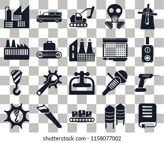 Set Of 20 transparent icons such as Book, Silo, Conveyor, Saw, Machinery, Mill, Drill, Machine press, Crane, print, Factory, Switch, Excavator, transparency icon pack, pixel perfect