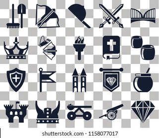 Set Of 20 transparent icons such as Jewelry, Cannon, Trebuchet, Viking, Castle, Bridge, Cauldron, Tower, Shield, Crossbow, Bible, Tools, Beer, Hat, transparency icon pack, pixel perfect
