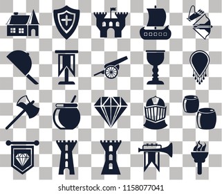 Set Of 20 transparent icons such as Torch, Fanfare, Tower, Standard, Crossbow, Beer, Jewelry, Axe, Goblet, House, Necklace, Castle, transparency icon pack, pixel perfect