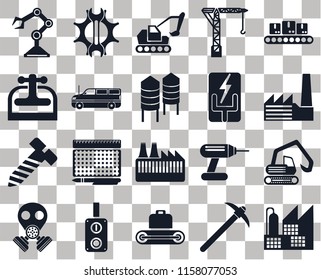 Set Of 20 transparent icons such as Factory, Conveyor, Crane, Gas mask, Settings, Drill, Machine press, transparency icon pack, pixel perfect
