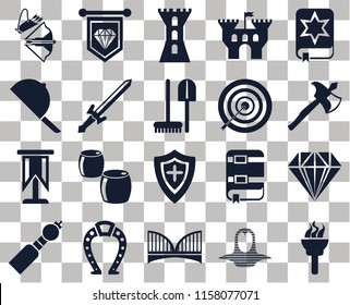 Set Of 20 transparent icons such as Torch, Coif, Bridge, Horseshoe, Bladder pipe, Spellbook, Jewelry, Shield, Standard, Sword, Archery, Crossbow, Axe, Tower, transparency icon pack, pixel perfect