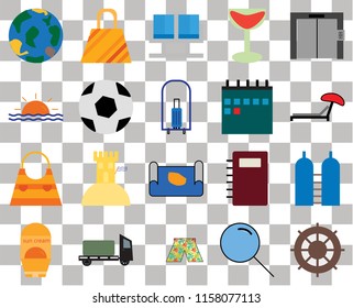 Set Of 20 transparent icons such as Helm, Search, Swimsuit, Trailer, Sun protection, Elevator, Oxygen, Map, Bag, Ball, Calendar, Globe, Sunbed, Waiting room, transparency icon pack, pixel perfect