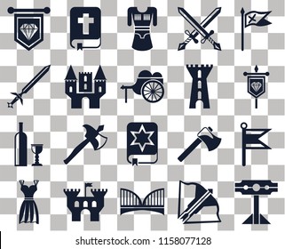 Set Of 20 transparent icons such as Pillory, Crossbow, Bridge, Castle, Gown, Flag, Spellbook, Wine, Tower, Standard, Banner, Tunic, transparency icon pack, pixel perfect