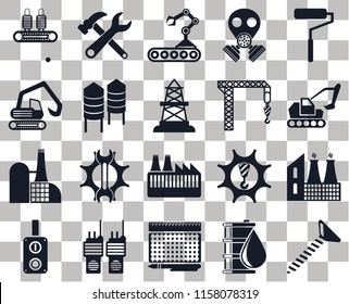 Set Of 20 transparent icons such as Screw, Oil, print, Walkie talkie, Switch, Roller, Factory, Silo, Crane, Conveyor, Excavator, transparency icon pack, pixel perfect