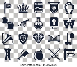Set Of 20 transparent icons such as, Swords, Cauldron, Cup, Tower, Horseshoe, Tools, Jewelry, Crossbow, Cannon, Bible, Standard, Castle, Book, transparency icon pack, pixel perfect