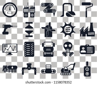 Set Of 20 transparent icons such as Switch, Factory, Roller, Vacuum, Tank truck, Walkie talkie, Gas mask, Drill, transparency icon pack, pixel perfect