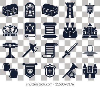 Set Of 20 transparent icons such as Castle, Fanfare, Shield, Standard, Beer, Banner, Coif, Scroll, Pillory, Spellbook, Belt pouch, Chest, transparency icon pack, pixel perfect