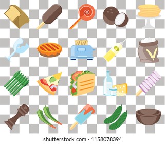 Set Of 20 transparent icons such as Bowl, Cucumber, Ice cream, Pepper, Pancakes, Taco, Asparagus, Pie, Oil, Bread, Flour, Jawbreaker, transparency icon pack, pixel perfect