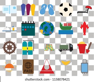 Set Of 20 transparent icons such as Suitcases, Airplane, Sunbed, Ball, Sunset, Surfing, Trailer, Room service, transparency icon pack, pixel perfect