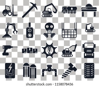 Set Of 20 transparent icons such as Planning, Bolt, Pump, Silo, Electricity, Saw, Truck, Machinery, Drill, Switch, Elevator, Forklift, Conveyor, Digger, transparency icon pack, pixel perfect