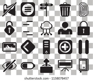 Set Of 20 transparent icons such as Notebook, Television, Upload, Battery, Hide, Fingerprint, Pause, Server, Photos, Lines, User, Muted, Locked, Street, transparency icon pack, pixel perfect