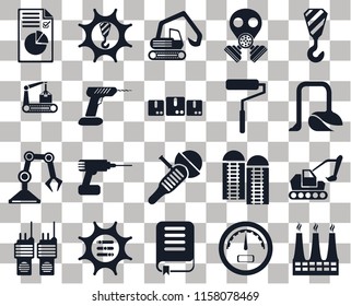 Set Of 20 transparent icons such as Factory, Vacuum, Crane, Gas mask, Walkie talkie, Machinery, Silo, Conveyor, transparency icon pack, pixel perfect