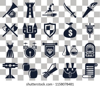 Set Of 20 transparent icons such as Scroll, Banner, Torch, Sword, Pillory, Tower, Alchemy, Axes, transparency icon pack, pixel perfect