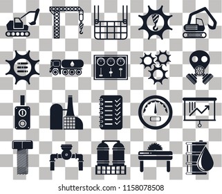 Set Of 20 transparent icons such as Oil, Saw, Refinery, Pump, Bolt, Digger, Planning, Switch, Tank truck, Cogwheel, Excavator, Gas mask, Elevator, transparency icon pack, pixel perfect