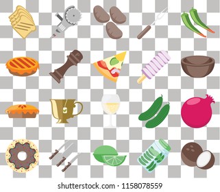 Set Of 20 transparent icons such as Coconut, Pickles, Lime, Knives, Doughnut, Pepper, Pomegranate, Glass, Pie, Ice cream, Toast, Bowl, Potatoes, transparency icon pack, pixel perfect