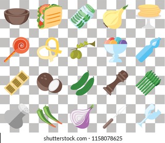 Set Of 20 transparent icons such as Glass, Fork, Onion, Pepper, Salt, Pancakes, Asparagus, Cucumber, Biscuit, Pretzel, Ice cream, Bowl, Water, Pickles, transparency icon pack, pixel perfect