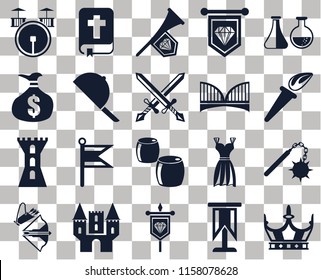Set Of 20 transparent icons such as Crown, Standard, Banner, Castle, Crossbow, Alchemy, Morning star, Beer, Tower, Hat, Bridge, Drum, Torch, Fanfare, transparency icon pack, pixel perfect