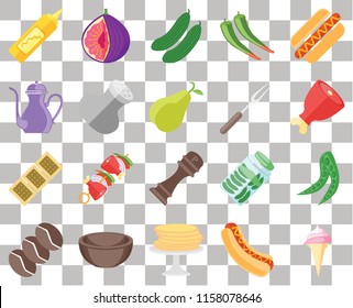 Set Of 20 transparent icons such as Ice cream, Hot dog, Pancakes, Bowl, Coffee, Peas, Pepper, Biscuit, Salt, Fork, Mustard, Ham, Cucumber, transparency icon pack, pixel perfect