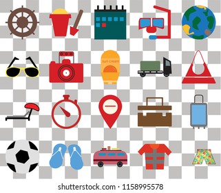 Set Of 20 transparent icons such as Swimsuit, Lifejacket, Minivan, Flip flops, Ball, Globe, Suitcases, Map, Sunbed, Photography, Trailer, Helm, Purse, Calendar, transparency icon pack, pixel perfect