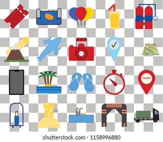 Set Of 20 transparent icons such as Trailer, Swimsuit, Aqualung, Cocktail, Bellhop, Map, Time, Mountains, transparency icon pack, pixel perfect