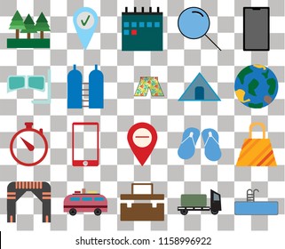 Set Of 20 transparent icons such as Swimming pool, Trailer, Suitcase, Minivan, Arch, Phone, Bag, Map, Time, Oxygen, Tent, Forest, Globe, Calendar, transparency icon pack, pixel perfect